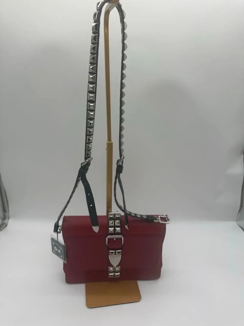 PRADA Elektra Red Saffiano Leather Studded Buckle Crossbody Bag 1BD120 Silver⁠